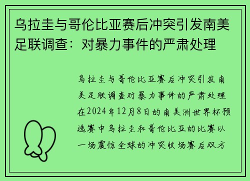 乌拉圭与哥伦比亚赛后冲突引发南美足联调查：对暴力事件的严肃处理