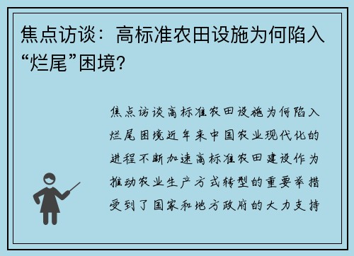 焦点访谈：高标准农田设施为何陷入“烂尾”困境？