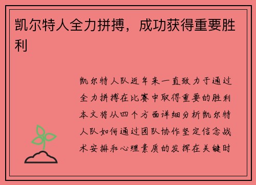 凯尔特人全力拼搏，成功获得重要胜利