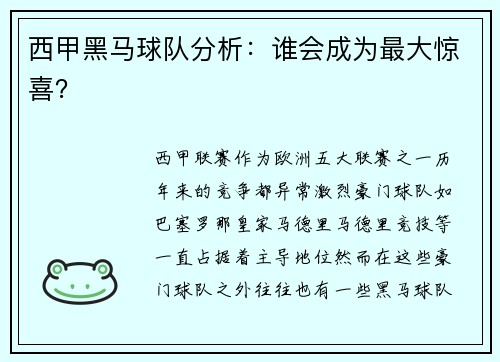 西甲黑马球队分析：谁会成为最大惊喜？
